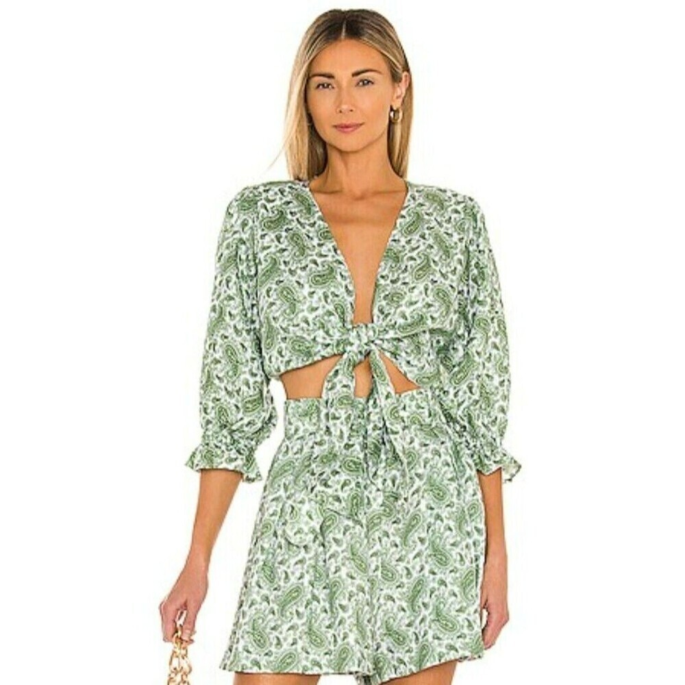 NWT Faithfull the Brand Jacinta Top L Green Paisley Cropped Tie Front REVOLVE 88